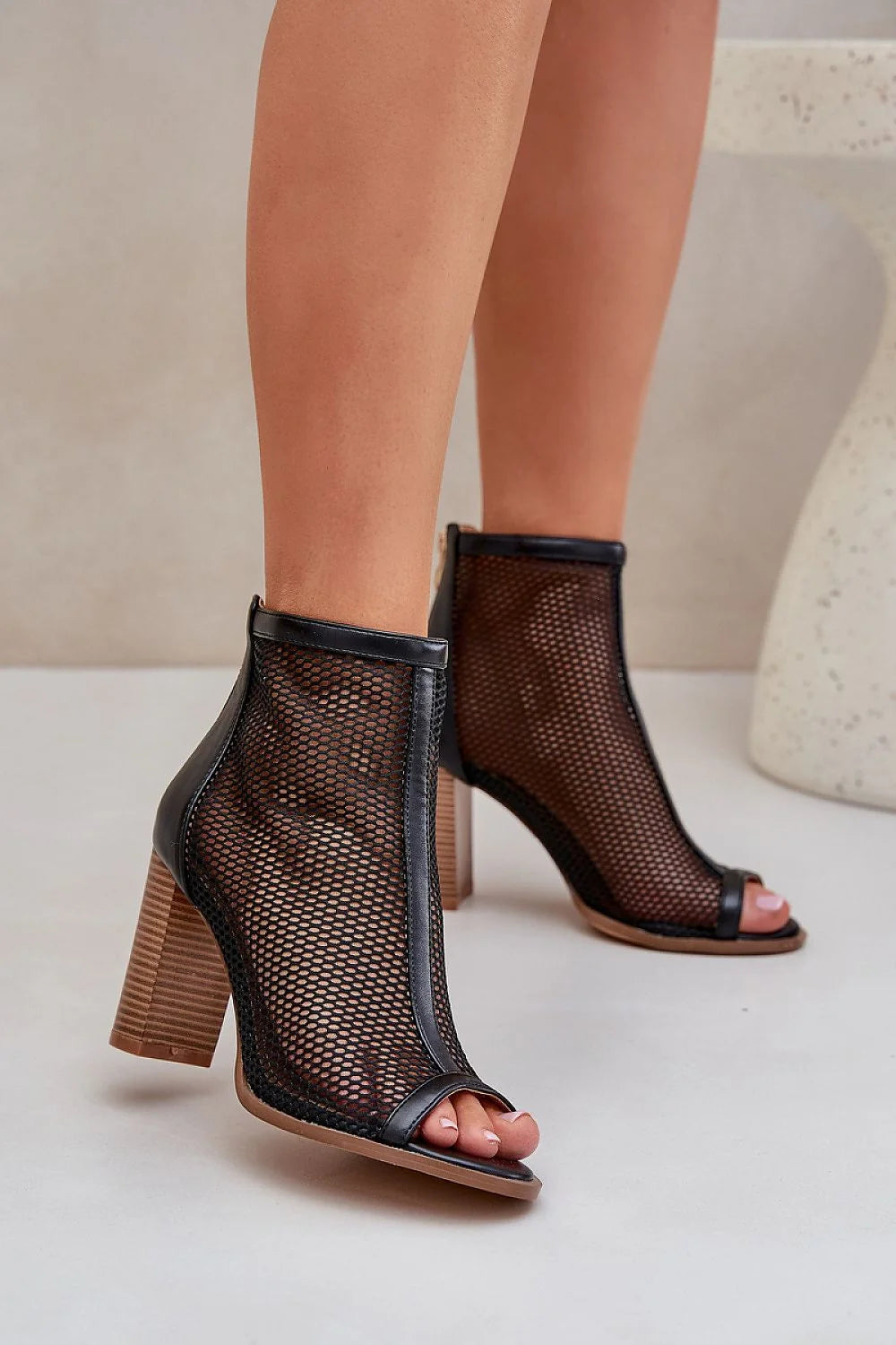 Sandales à talons hauts femmes maille noire design moderne avant-garde confortable summer shoes ouvertorteil fermeture éclair