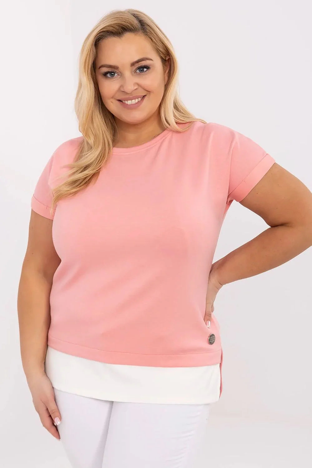 Chemisier grande taille soft pink coupe droite manches courtes col rond tissu doux respirant mode féminine casual