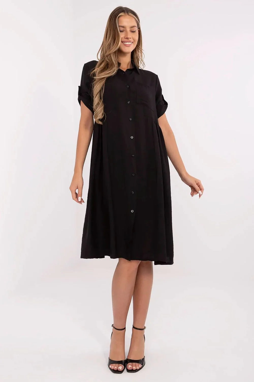 Robe chemisier évasée midi Italy Moda, col classique, manches courtes, boutons, poche poitrine, viscose nylon, noir uni, femmes