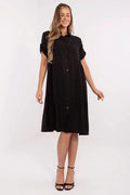 Robe chemisier évasée midi Italy Moda, col classique, manches courtes, boutons, poche poitrine, viscose nylon, noir uni, femmes