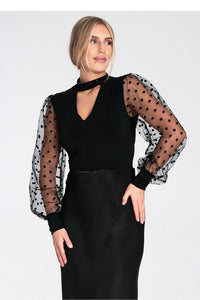 body femme noir corps ajusté maille extensible manches longues bouffantes tulle plumetis transparent pois col choker encolure V poignets côtelés