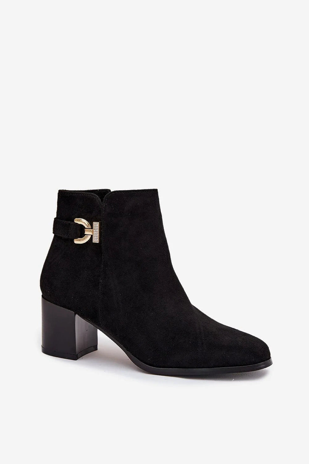 bottines suédine femme noir talon bloc mihaut stable confortable doublure chaude bout arrondi fermeture éclair intérieure détail doré élégant