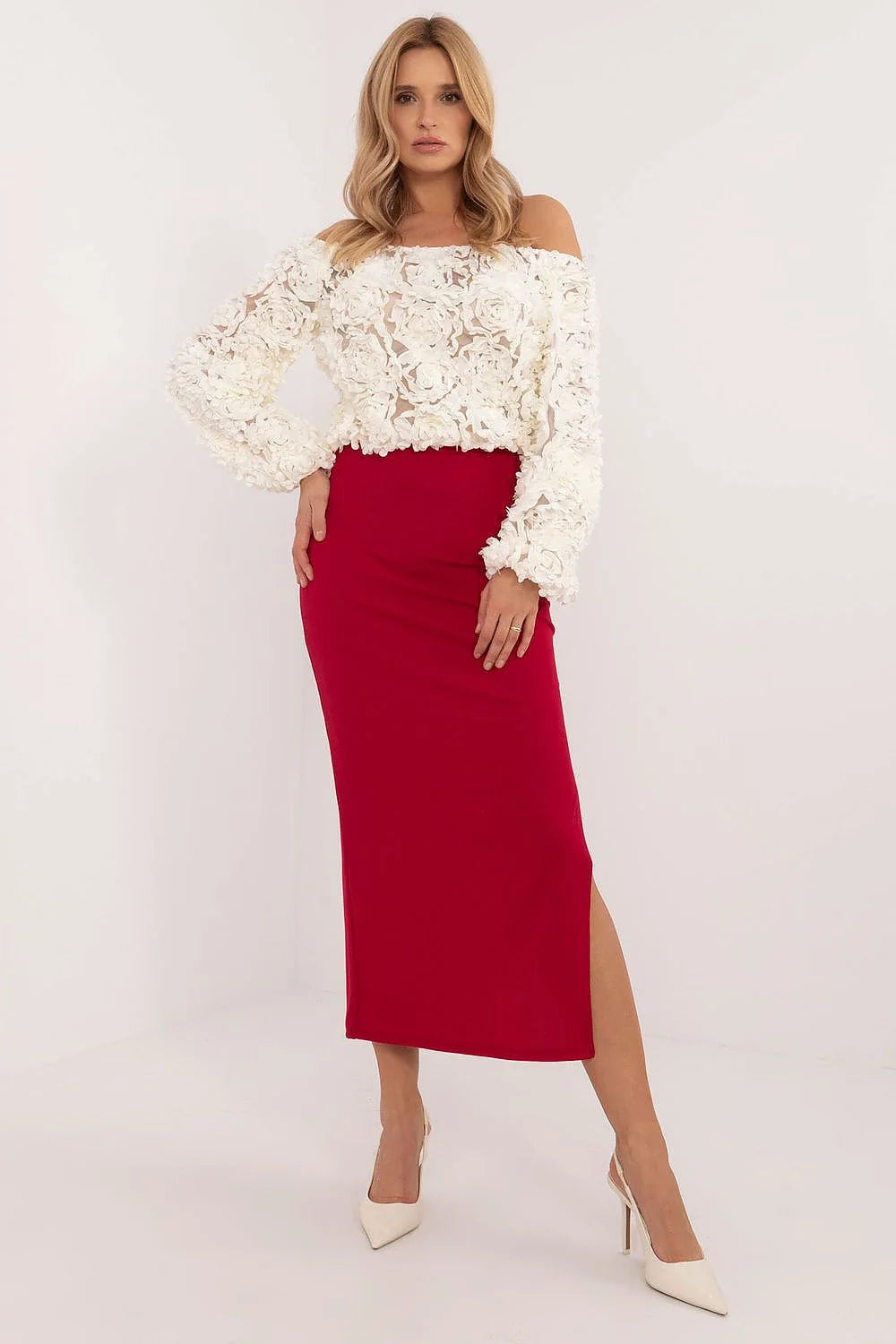 Jupe droite Italy Moda longueur mi-mollet couleur rouge intense fente latérale tissu extensible jersey femme