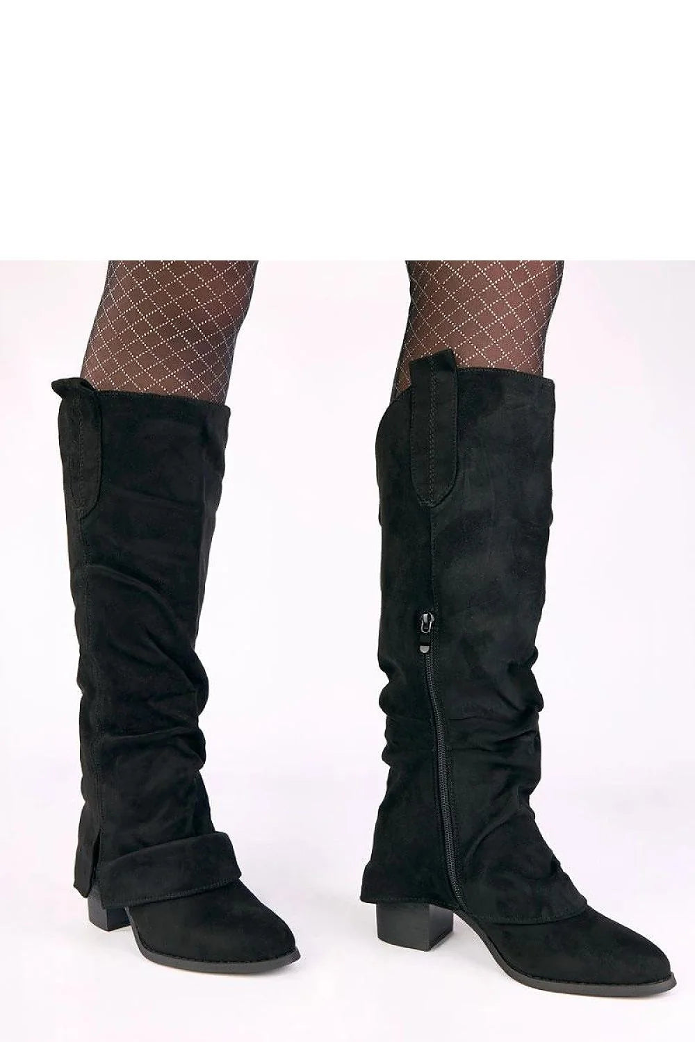 bottes femme tige39cm suédine cuir écologique revers froncé bout rond talon7cm bloc rembourré fermeture éclair doublure tissu confortable