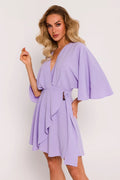 Robe femme style moderne coupe patineuse décolleté en V manches larges taille ajustable crêpe Pologne