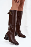 bottes montantes femme cuirartificiel marronfoncé tigehaute boutarrondi talon8cm talonstable fermetureeclair bouclemetalvieilli doubluremousse confort chaleur polyvalentes élégantes intemporelles