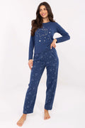 pyjama femme bleu marine imprimé étoiles nuages haut manches longues col rond pantalon long taille élastique coton doux confortable élégant