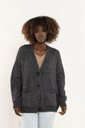 cardigan femme oversize maille grosse gris anthracite longue col V épaules tombantes trois boutons poches plaquées côtelés poignets ourlet