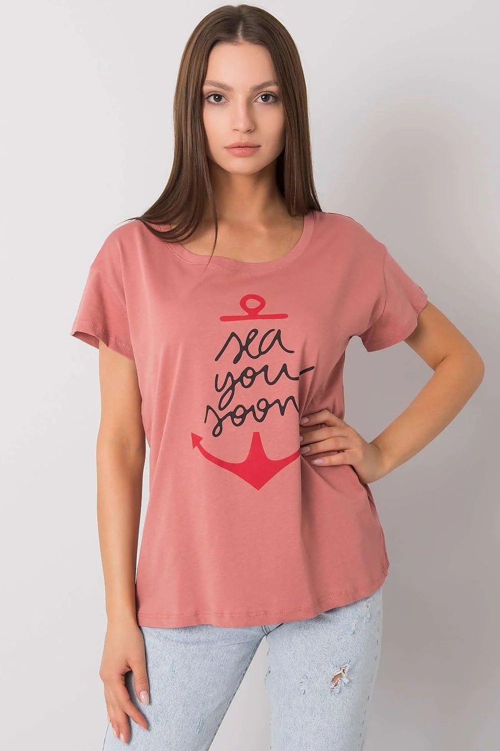 T-shirt pour femme design ancre 'sea you soon' vert menthe manches courtes col rond ajusté