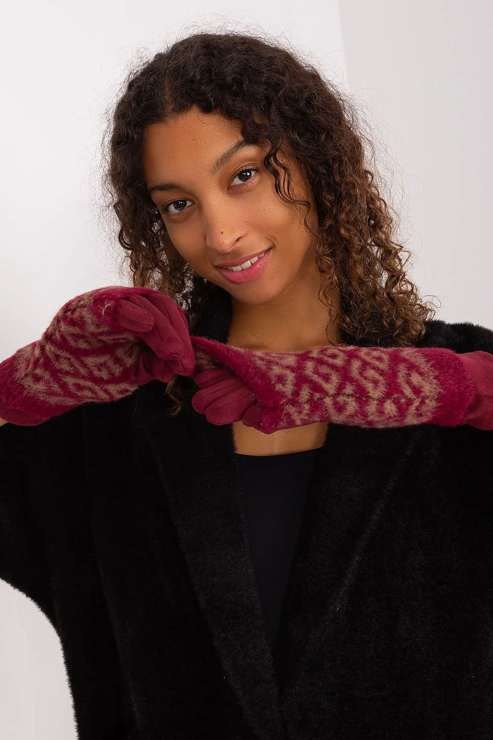 Gants femme élégants en coton laine polyester bordeaux motif jacquard