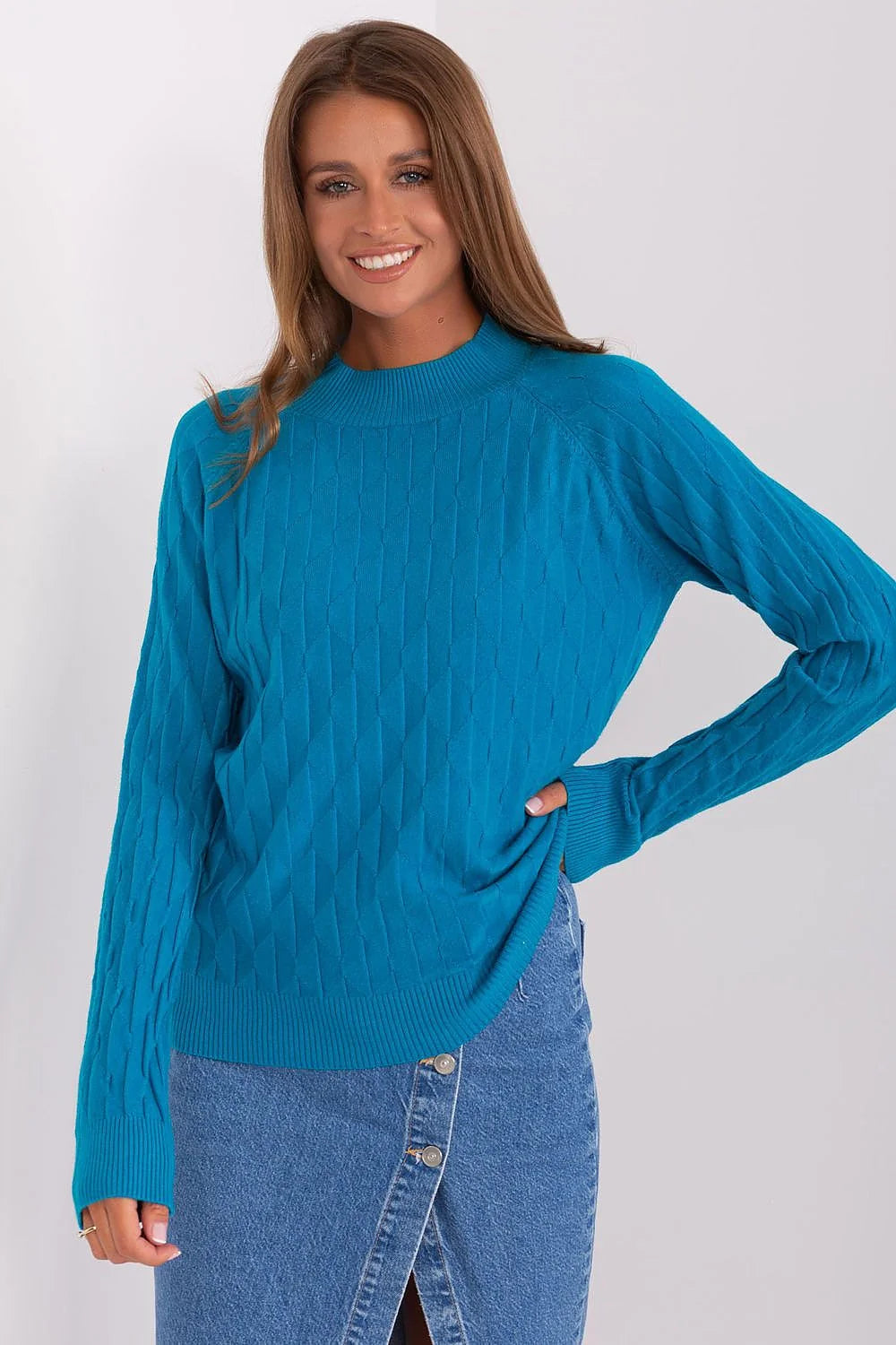 Chandail femme tricot maille texture losange bleu vif manches longues col rond confortable polyester durable