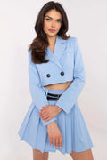 Blazer femme Italy Moda ensemble coordonné veste courte jupe plissée bleu pastel manches longues double boutonnage ceinture noire
