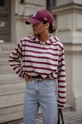 sweatshirt femme capuche oversize boxy coupe courte manches longues rayures écru bordeaux molleton léger coton élasthanne confortable élégant moderne polyvalent