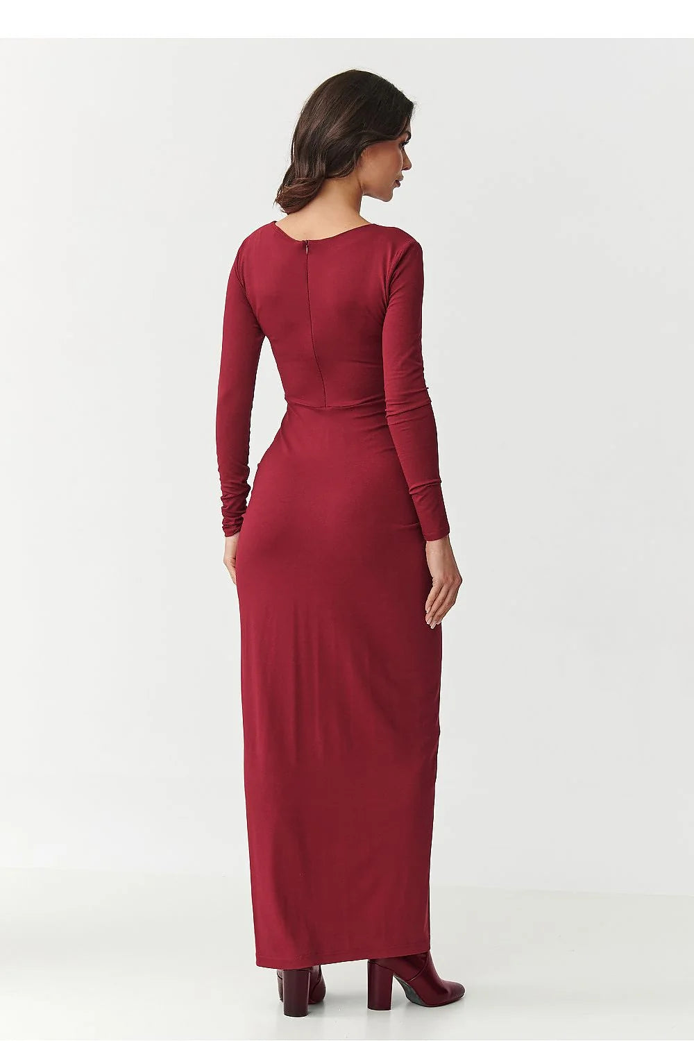 robe longue femme moulante bordeaux jersey extensible col rond manches longues coupe maxi froncé central drapé