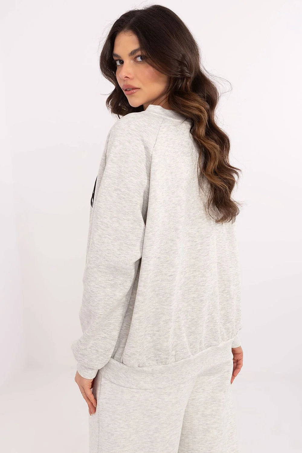 Sweatshirt femme décontracté Carolina en coton gris chiné longues manches col rond logo stylisé