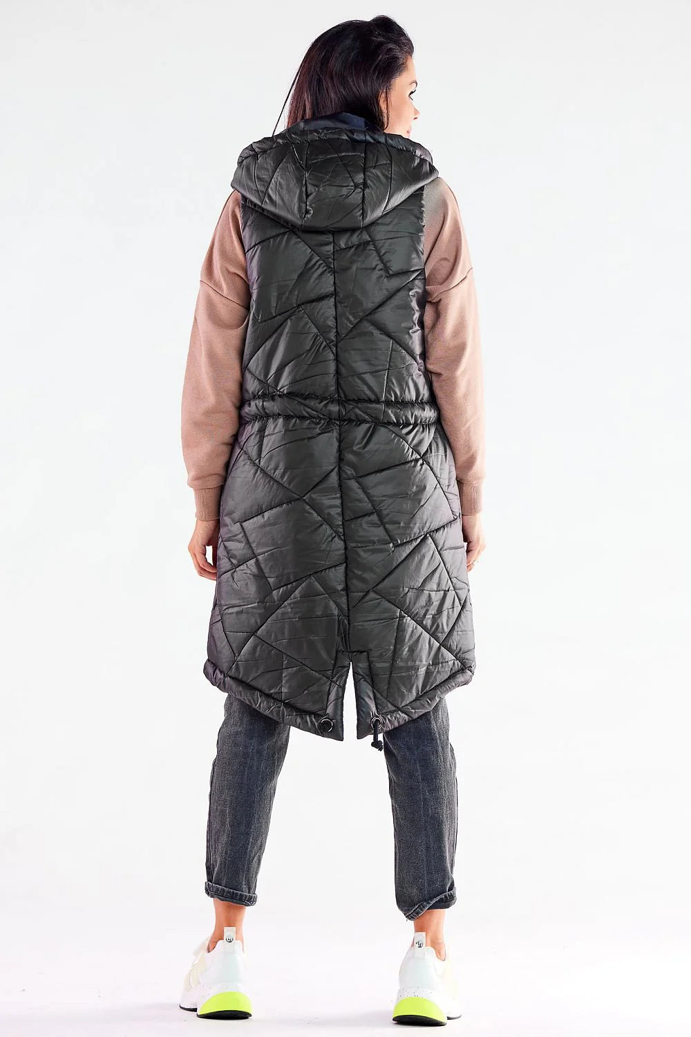 Gilet longue ligne épurée matelassé rouge femme automne hiver polyester 100% capuche cordon serrage poches