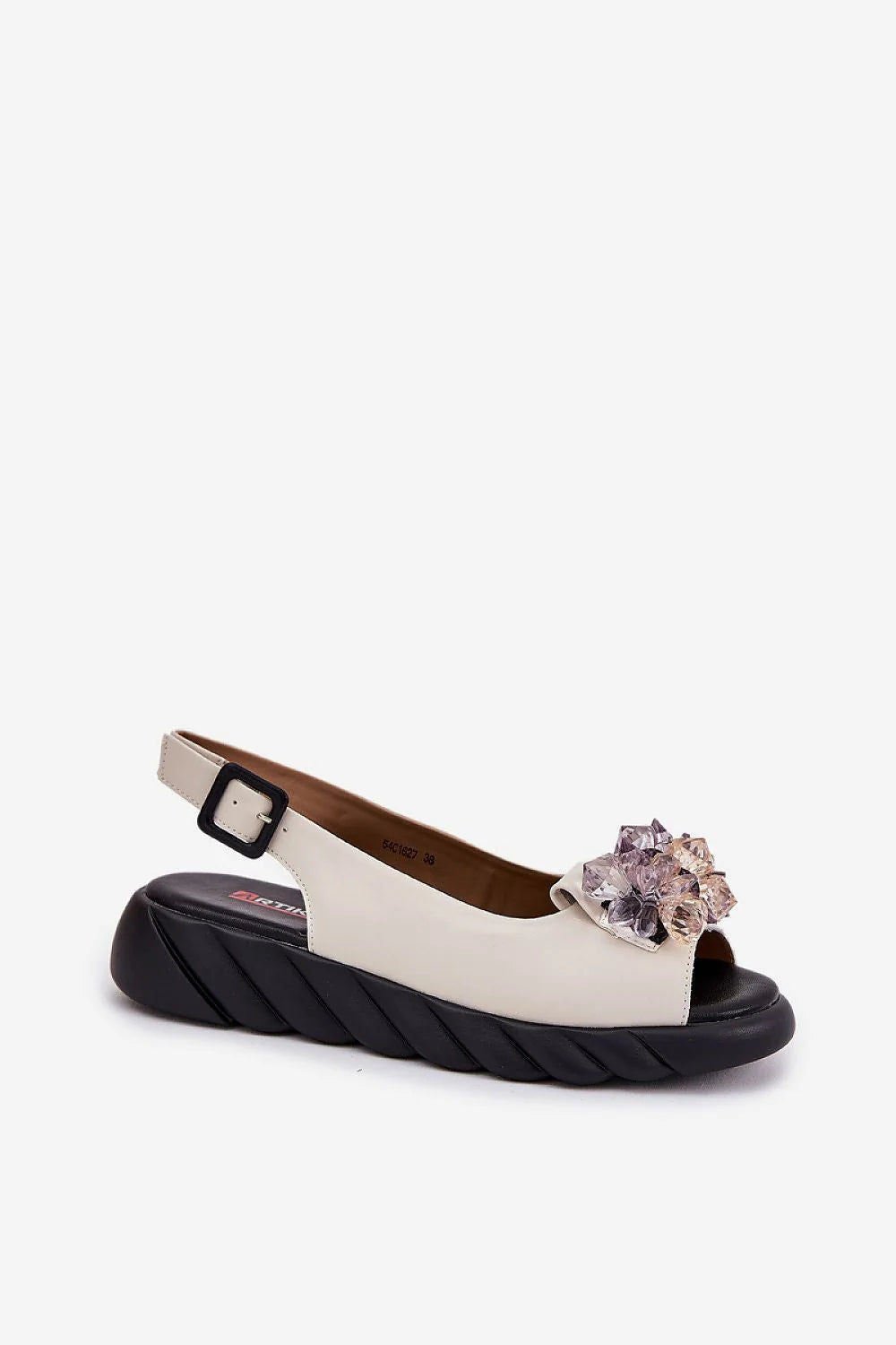 Sandales féminines élégantes en cuir blanc cassé semelle noire crystals dorés et mauves plateforme confortable talon sécurisé occasion soirée été femmes