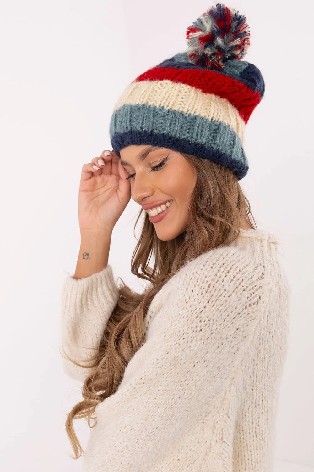 Bonnet d'hiver pour femme tricoté côtelé élastique pompon tricolore couleurs vives doux chaud style casual
