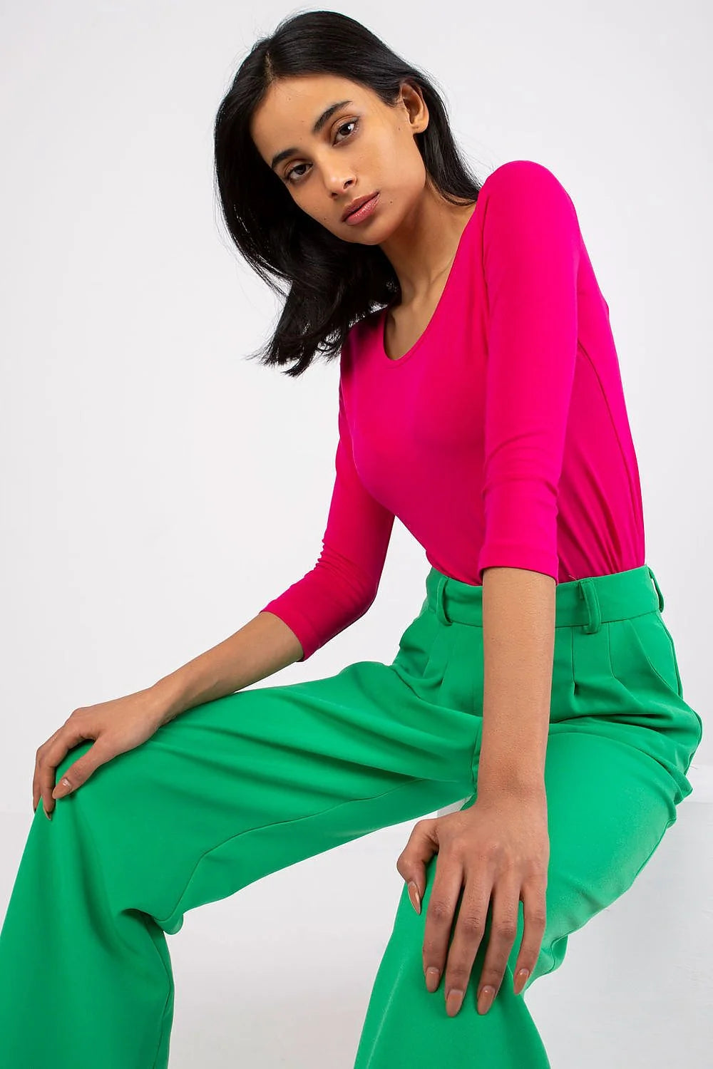 Chemisier ajusté pour femme en coton élasthanne manches 3/4 col rond rose vif taille L/M/S/XL XS
