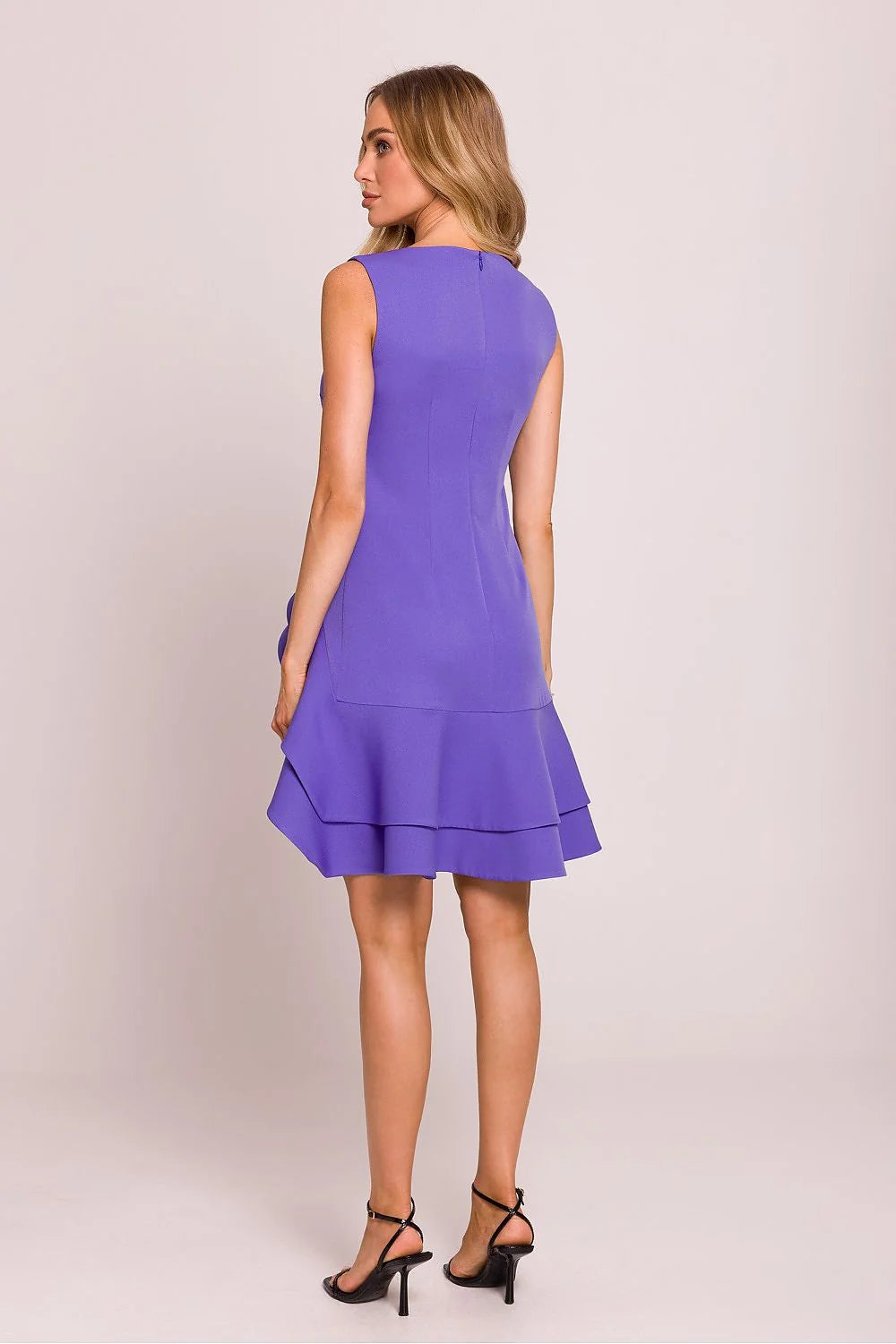 Robe de cocktail élégante sans manches violet vif ourlet asymétrique volants cascade taille ajustée femme
