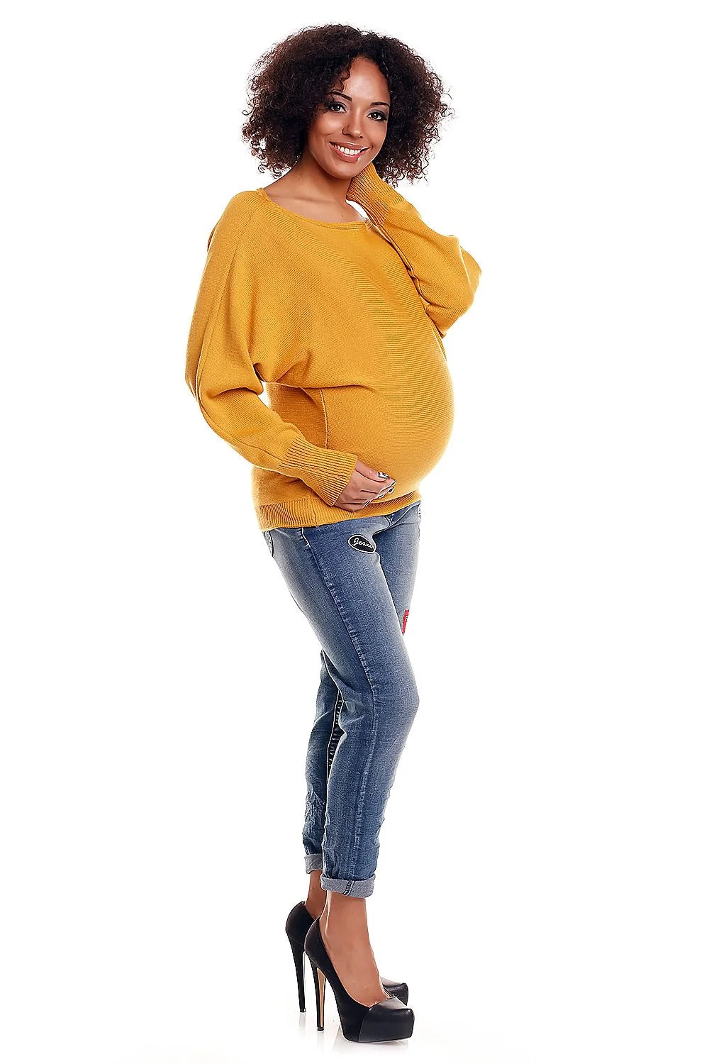 pull grossesse oversize court maille tricotée moutarde coupe ample col bateau manches ballon longues côtelées poignets maintien confort doux respirant