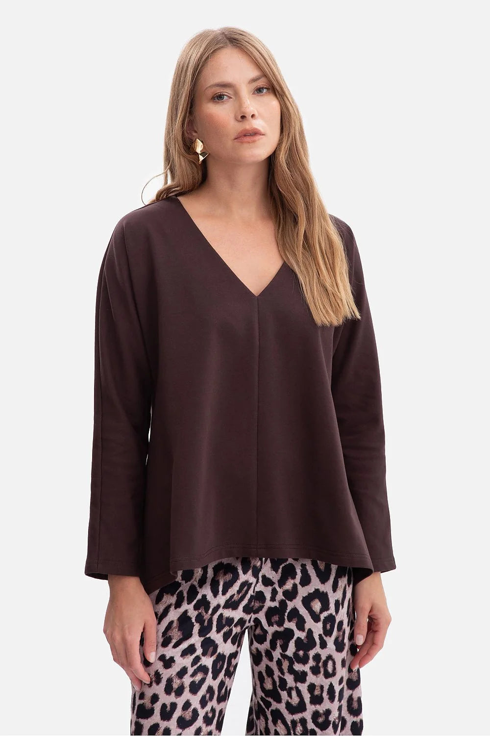 chemisier BeWear femme jersey bouclé doux aéré confortable oversize ample manches longues décolleté V coupe droite évasée asymétrique