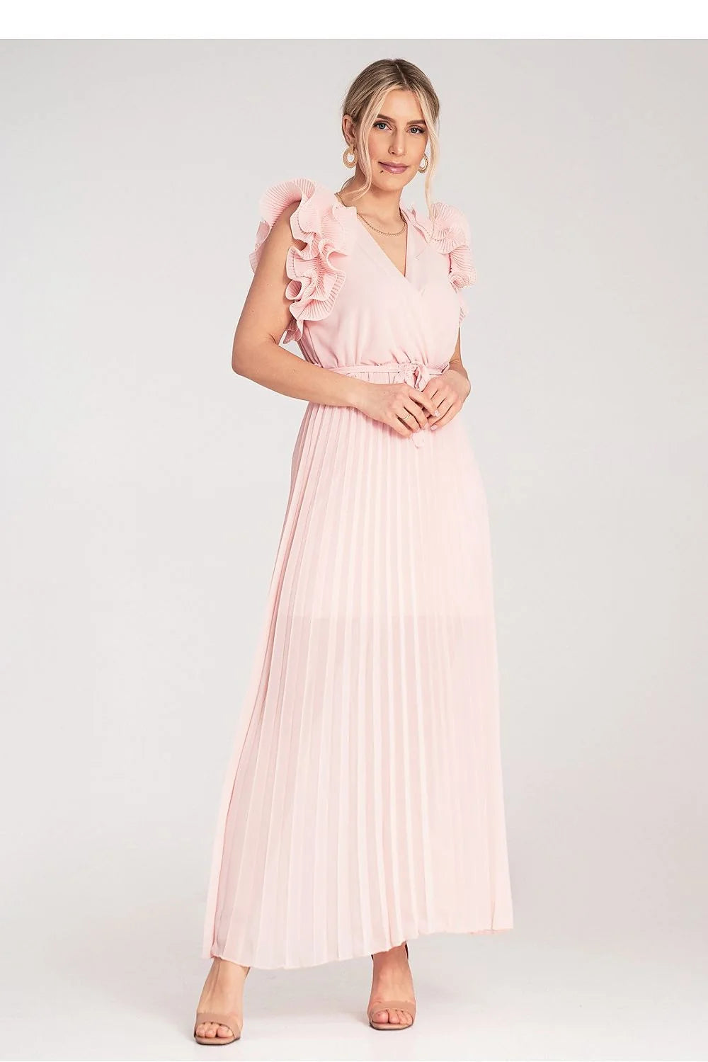 Robe de cocktail élégante longue sans manches en V rose pâle tissu léger volants épaules femmes occasion spéciale soirée mariage