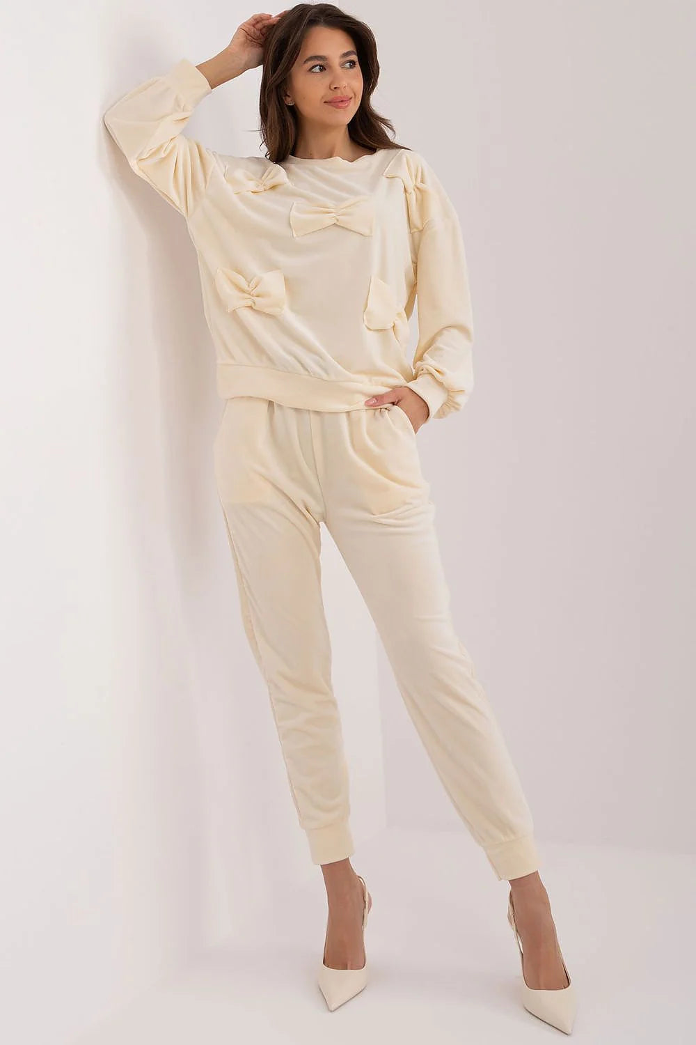 ensemble Italy Moda velours crème jogging sweat oversize manches longues nœuds décoratifs pantalon fuselé élastique chevilles côtelées chic féminin
