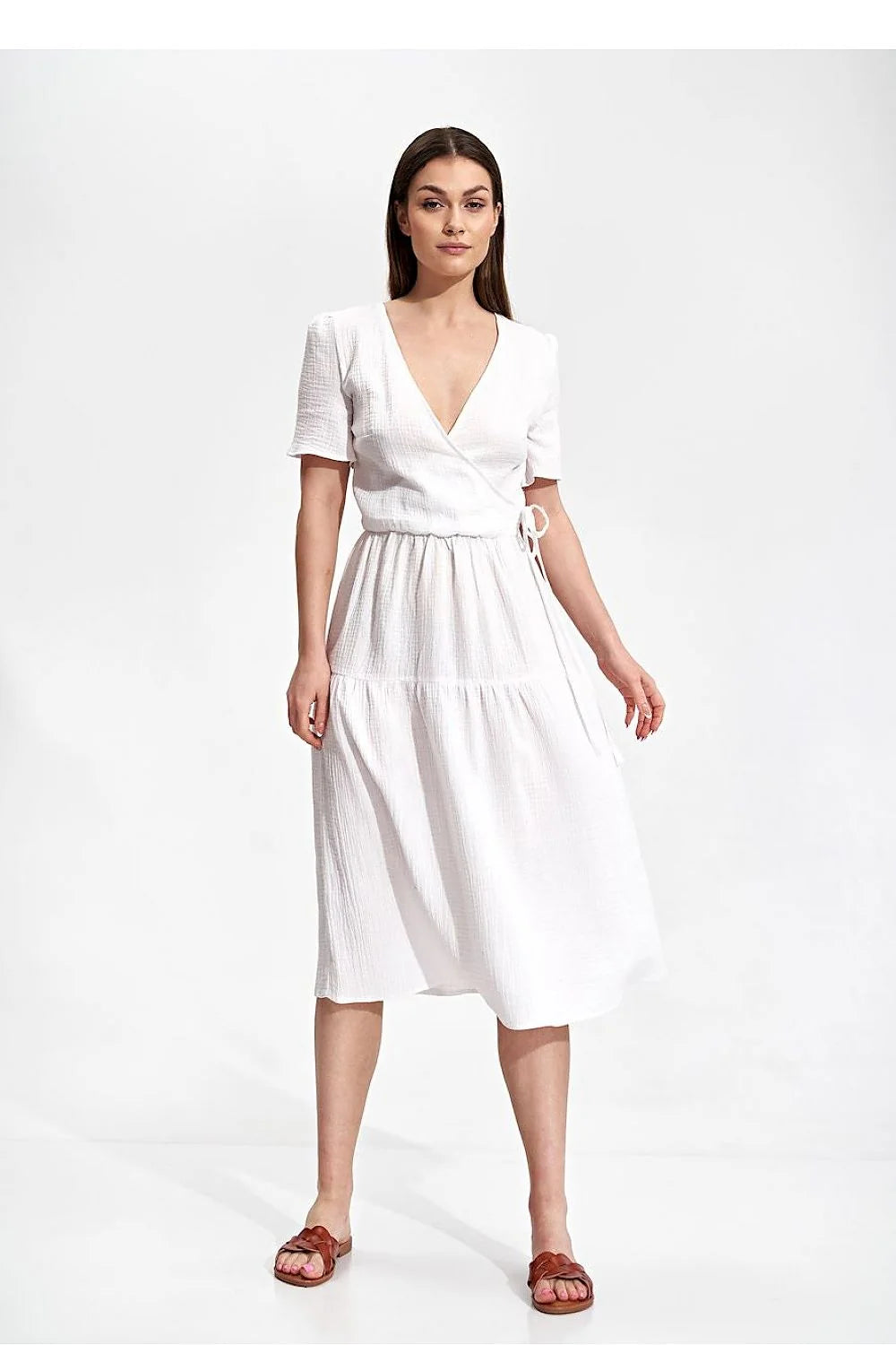 Robe de jour élégante été manches courtes encolure enveloppante coton 100 % taille ajustable femme