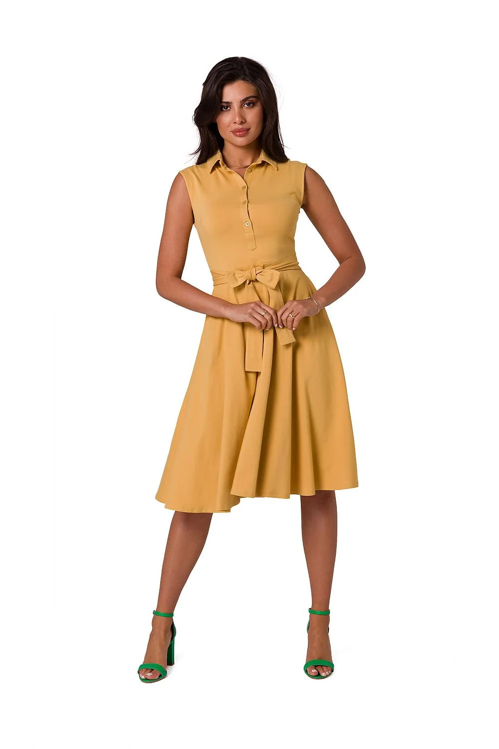 Robe de jour sans manches élégante verte vif ceinture assortie col chemise femmes coton elasthanne taille ajustable occasionnels