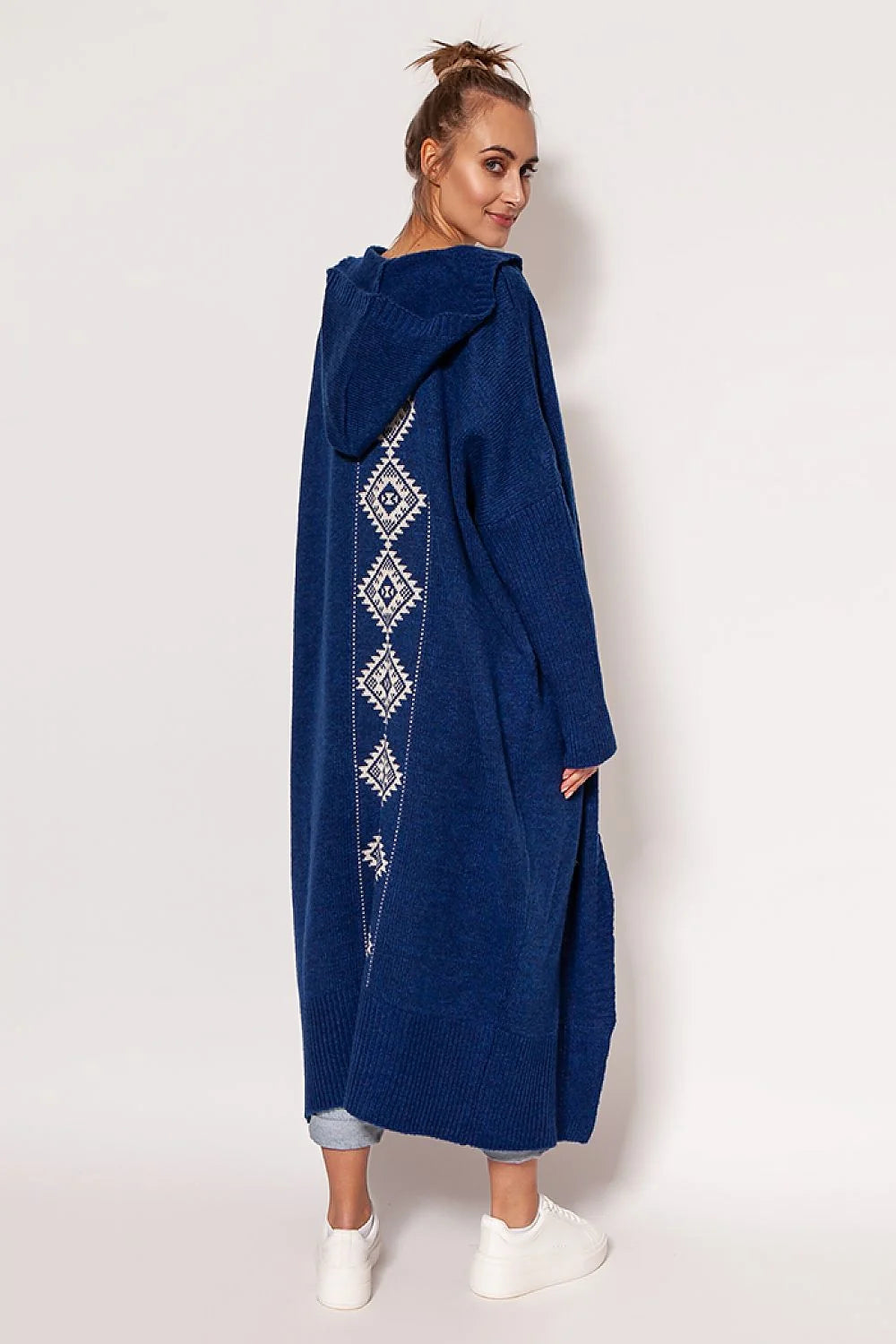 Cardigan pour femme en acrylique et laine, style décontracté, capuche et poches, longueur totale 120 cm
