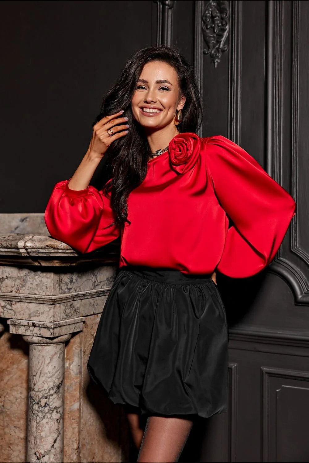 Chemisier Roco Fashion élégant satiné manches bouffantes rose décorative coupe ample confort féminine occasion spéciale