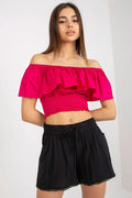 Ensemble été féminin short ample top crop top épaules nues fuchsia noir viscose
