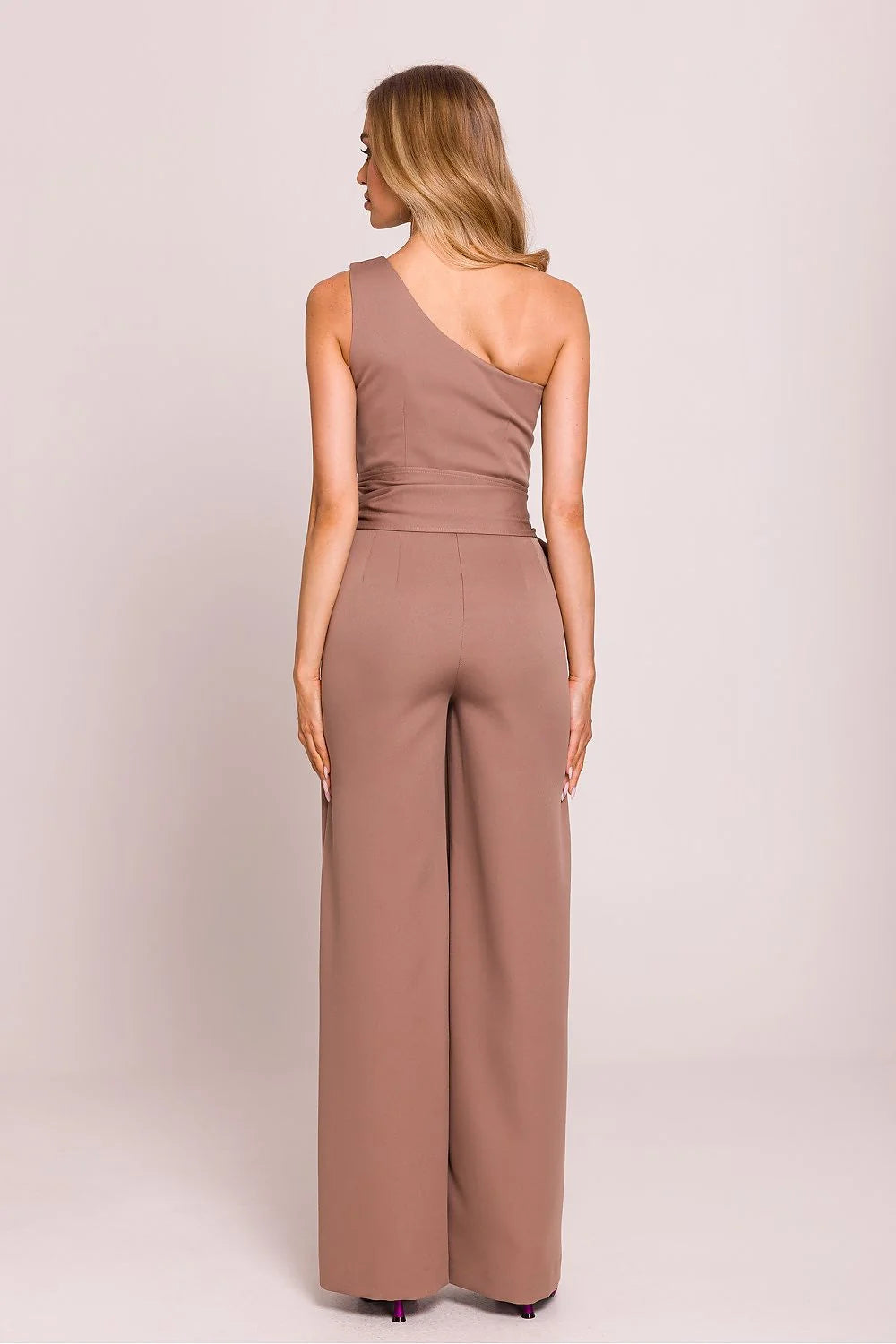 Combinaison élégante asymétrique pour femme avec ceinture noeud large, jambes larges, motif épaule, fermeture dissimulée, polyester viscose, occasion spéciale