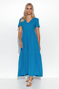 robe Makadamia longue maxi jersey fluide bleu turquoise uni manches courtes encolureV taille empire jupe volants froncés coupe ample confortable