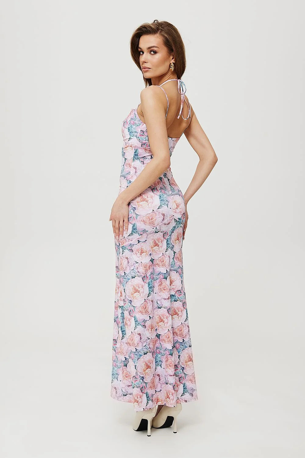 Robe longue élégante pour femme en maille imprimée floral pastel V-neck ajustée dos croisé
