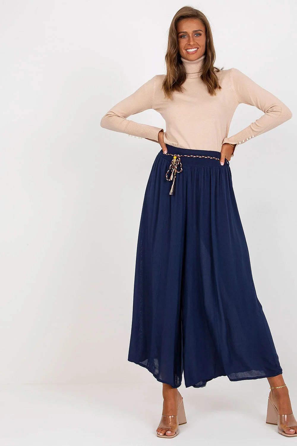 Pantalon femme Och Bella jambes larges ceinture élastique viscose 100% hanches taille ajustable style intemporel élégance féminine