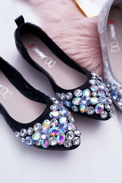 Ballerines élégantes pour femmes avec cristaux, cuir artificiel, semelle intérieure cuir naturel, style classique, occasion habillée ou décontractée