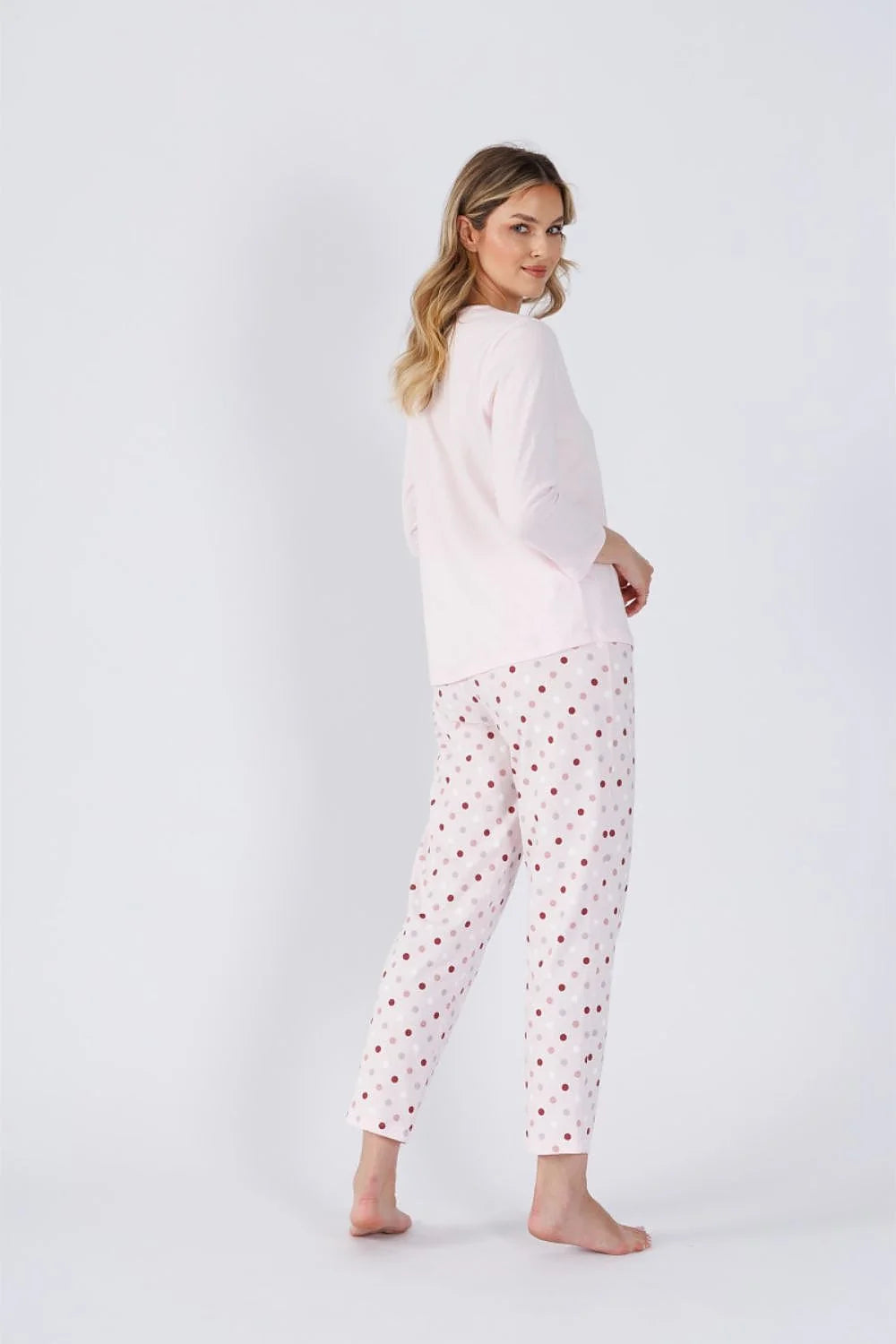 pyjama femme élégant confortable rose pâle manches trois quart col rond jersey respirant pantalon droit pois marron taille élastique