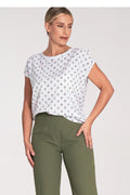Chemisier à manches courtes en polyester élasthanne floral blanc femme coupe droite encolure ronde fermeture dos