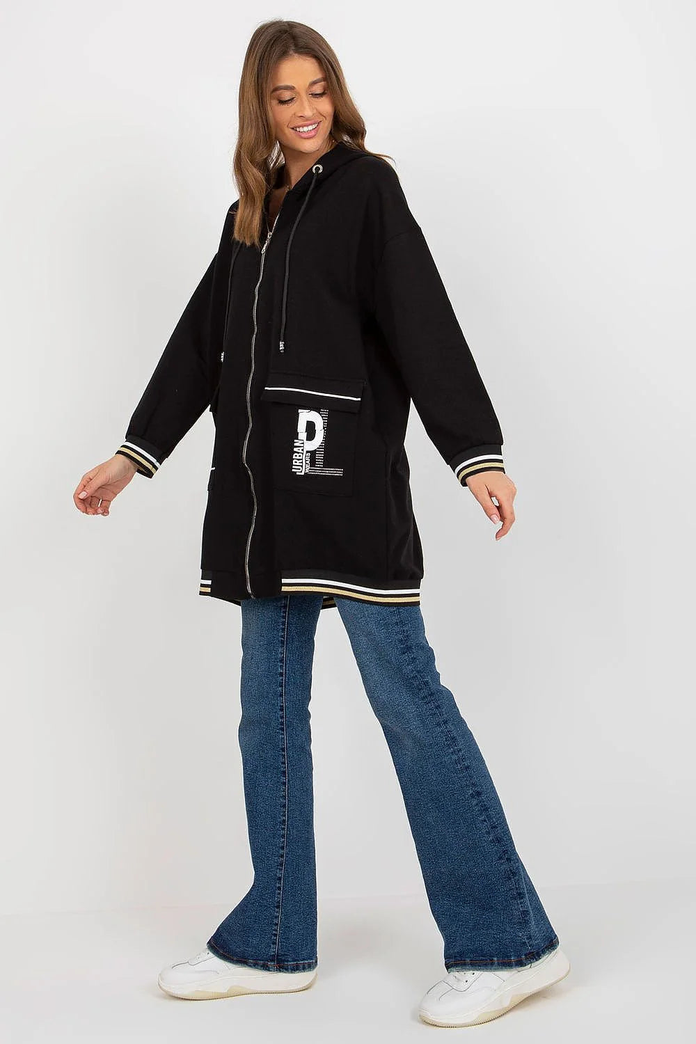 Sweatshirt Relevance pour femme, oversized, design urbain moderne, manches longues, fermeture éclair intégrale, poches grandes, coton élasthanne, tailles S/M-L/XL