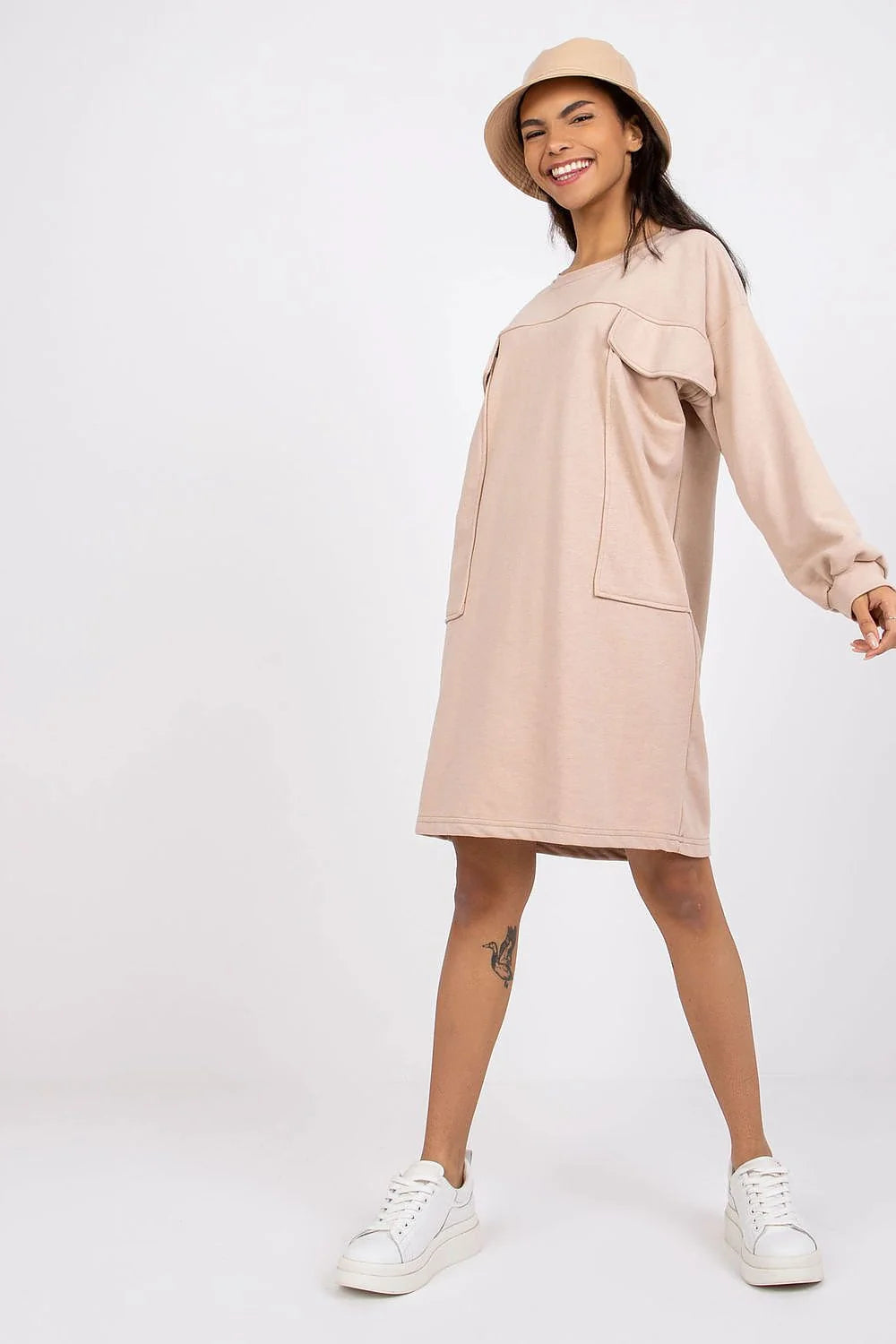 Robe décontractée Ex Moda en coton polyester manches longues élastiquées poches avant beige clair pour quotidien femme mode moderne