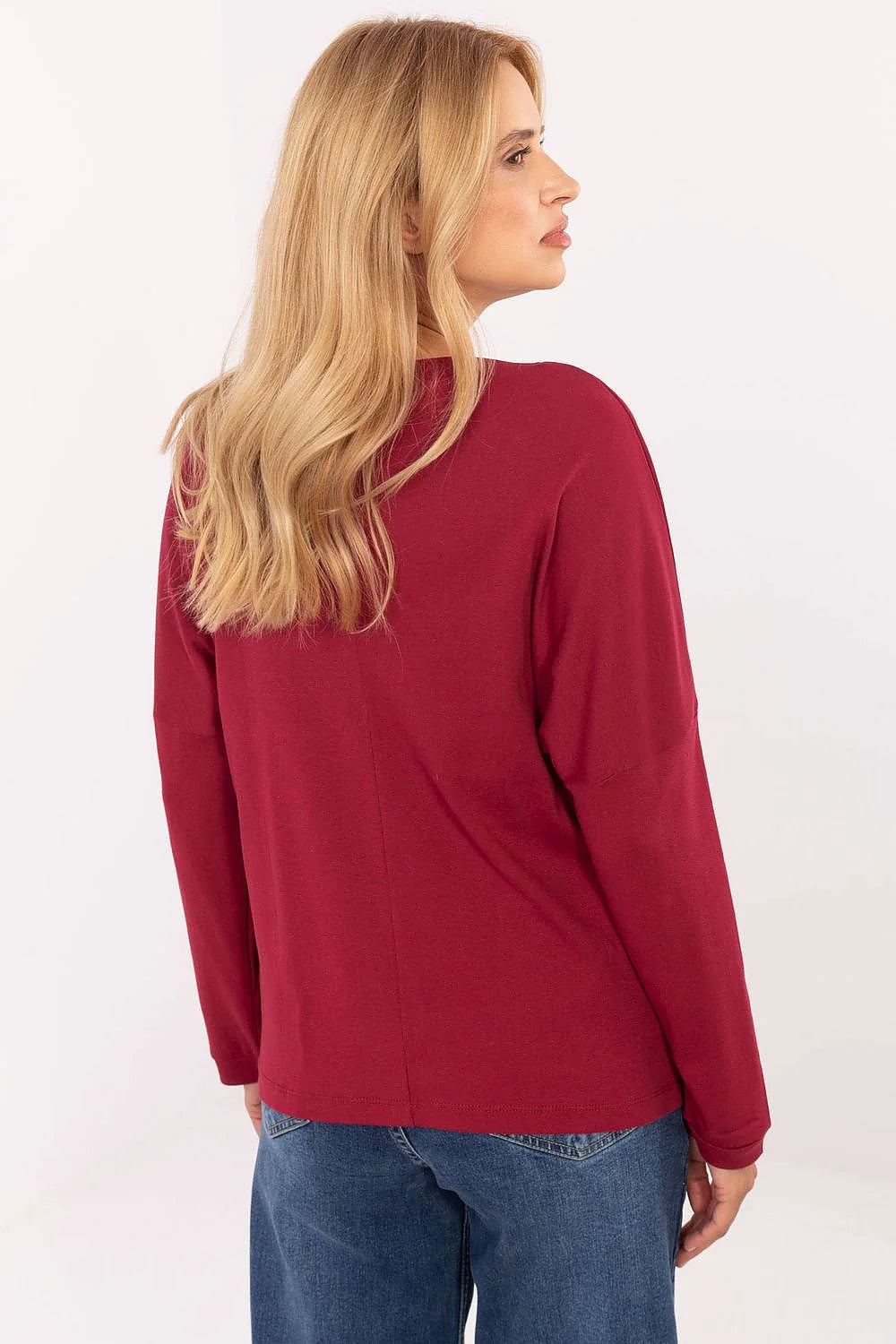 chemisier coton élasthanne manches longues oversize décontracté bordeaux logo blanc encolure ronde épaules tombantes ourlet arrondi jersey extensible confortable