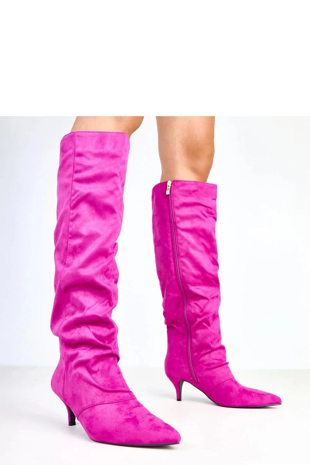 bottes femme cuir suédé écologique fuchsia hauteur genou tige fermeture éclair latérale bout pointu talon bas 6cm confortable