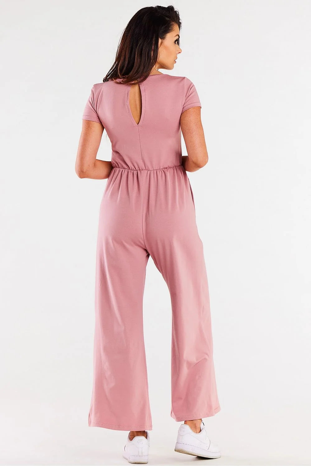 combinaison femme moderne élégante coupe ample taille élastiquée manches courtes col V coton lycra jersey doux rose poudré poches latérales