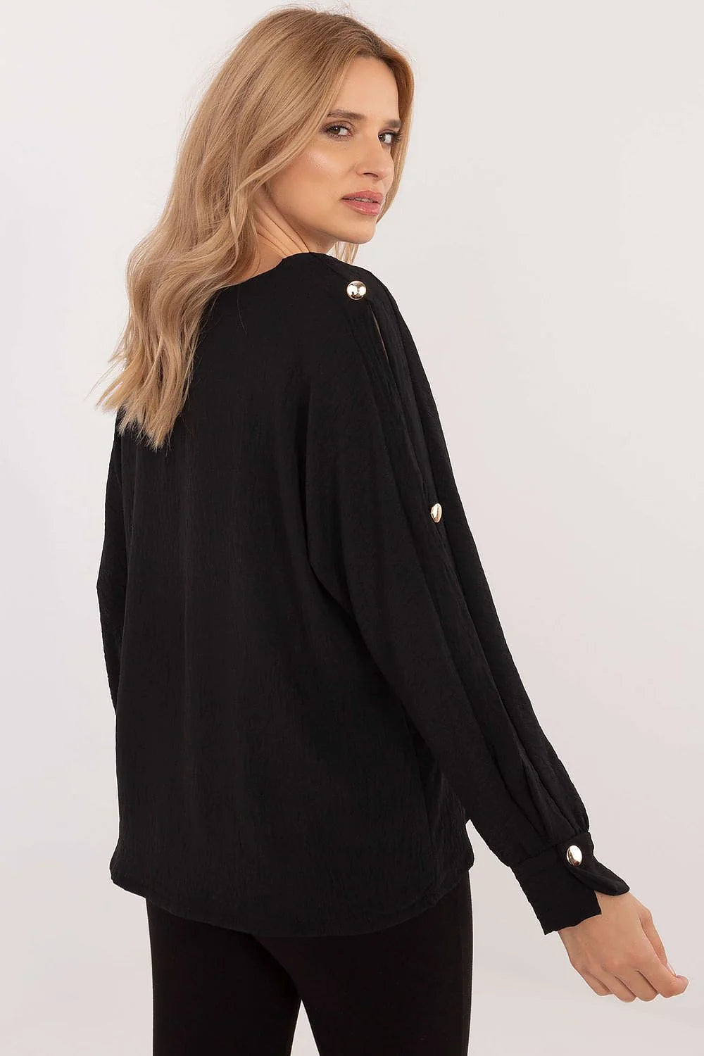 Chemisier Italy Moda élégant en polyester et élasthanne encolure bateau manches longues boutons décoratifs femme