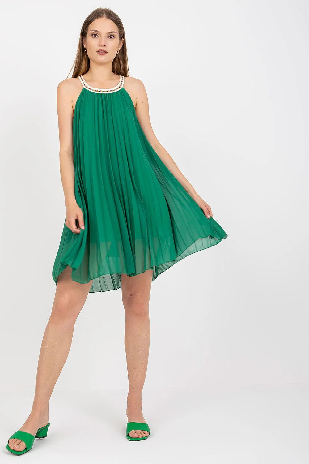 Robe d'été sans manches style bohème chic en polyester et viscose plissée brodée rose vif femme