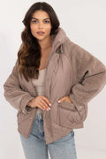 Veste décontractée pour femme en polyester et laine taupe, capuche ajustée, manches bouffantes, coupe ample, veste automne-hiver tendance, style urbain, confort maximum, mode féminine élégante