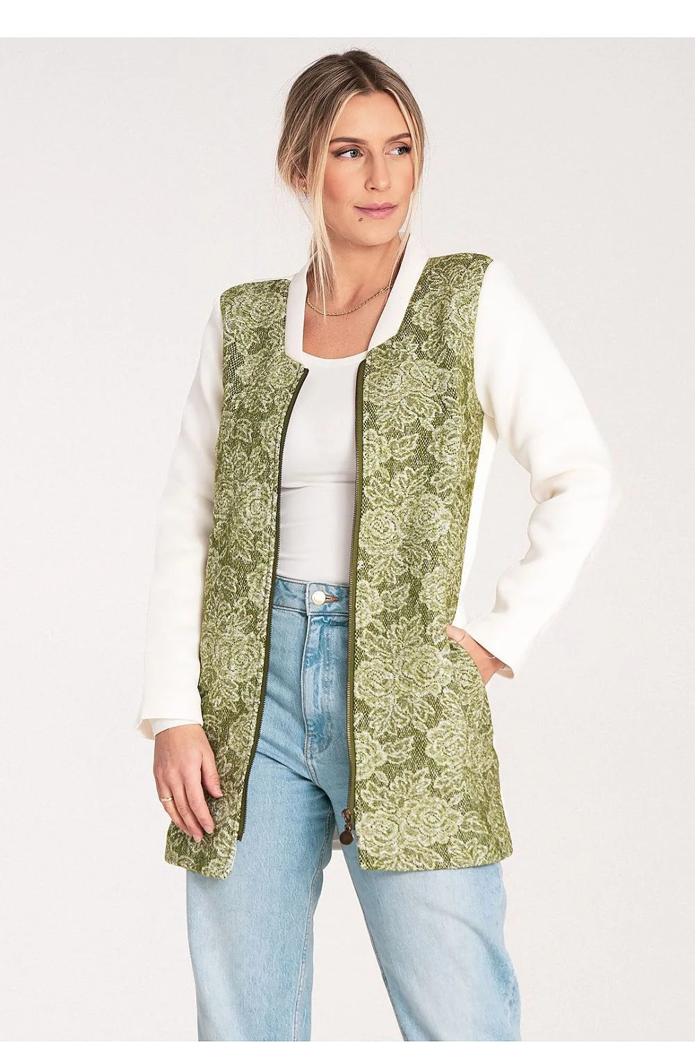 veste longue zippée femme mi saison empiècements jacquard floral vert olive manches contrastantes blanches col rond coupe droite poches latérales