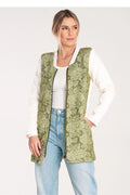 veste longue zippée femme mi saison empiècements jacquard floral vert olive manches contrastantes blanches col rond coupe droite poches latérales
